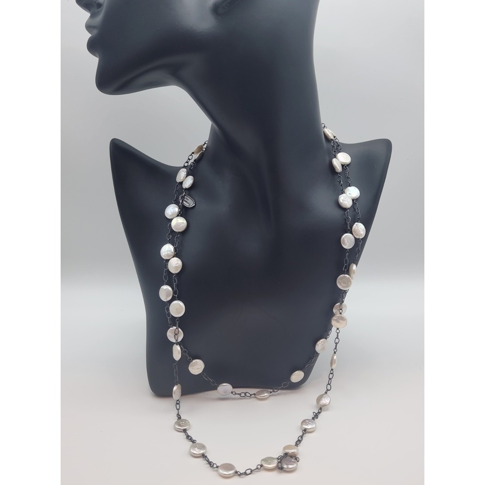 Fusion 925 Sterling Silver White Coin Pearl Station‎ Long Necklace 42 Inch Black